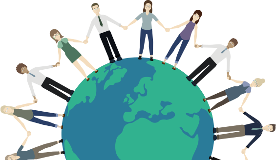 Illustration of employees standing on a globe